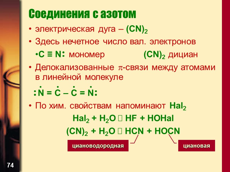 74 Соединения с азотом электрическая дуга – (CN)2 Здесь нечетное число вал. электронов 